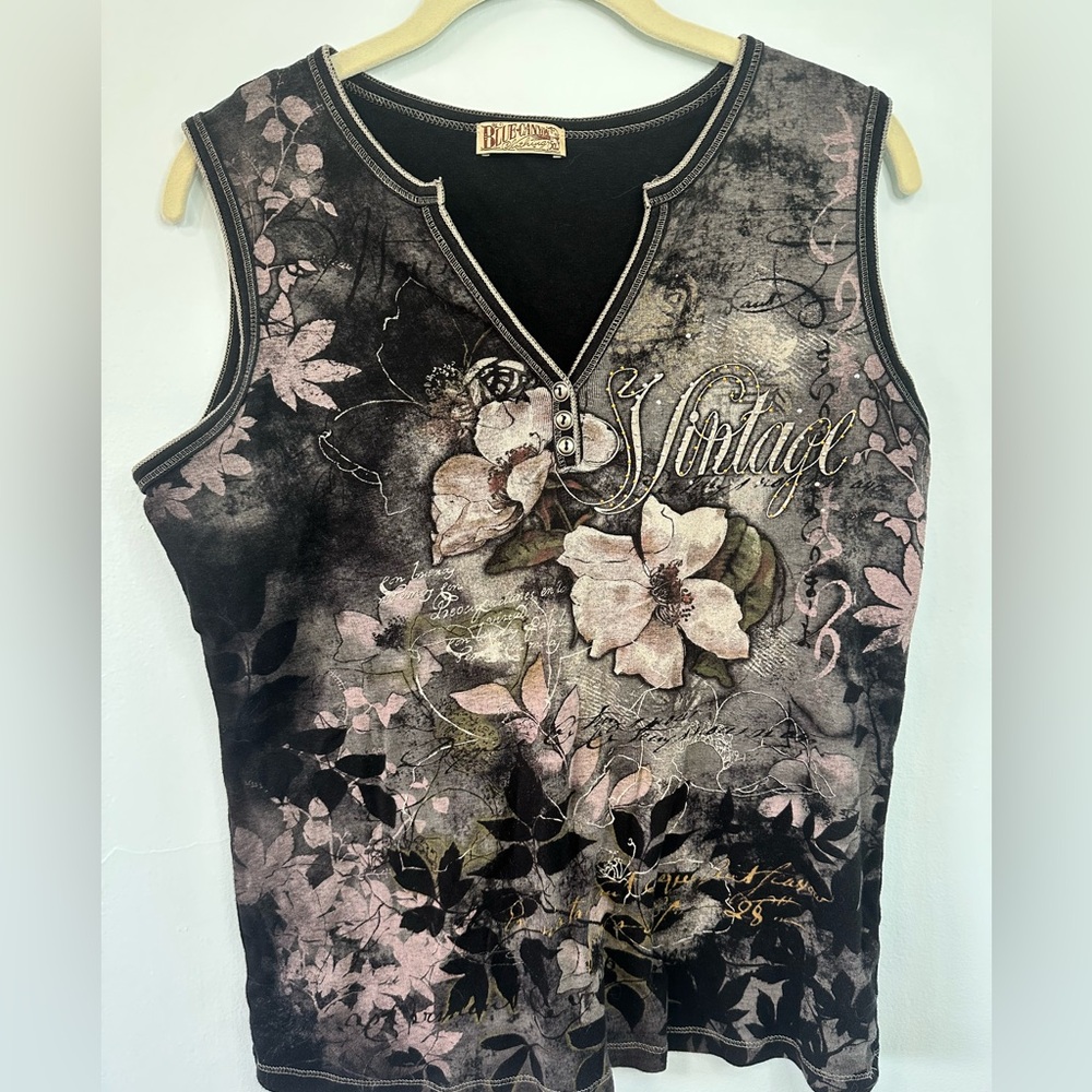 Vintage-Inspired Black and Pink Floral Tank Top